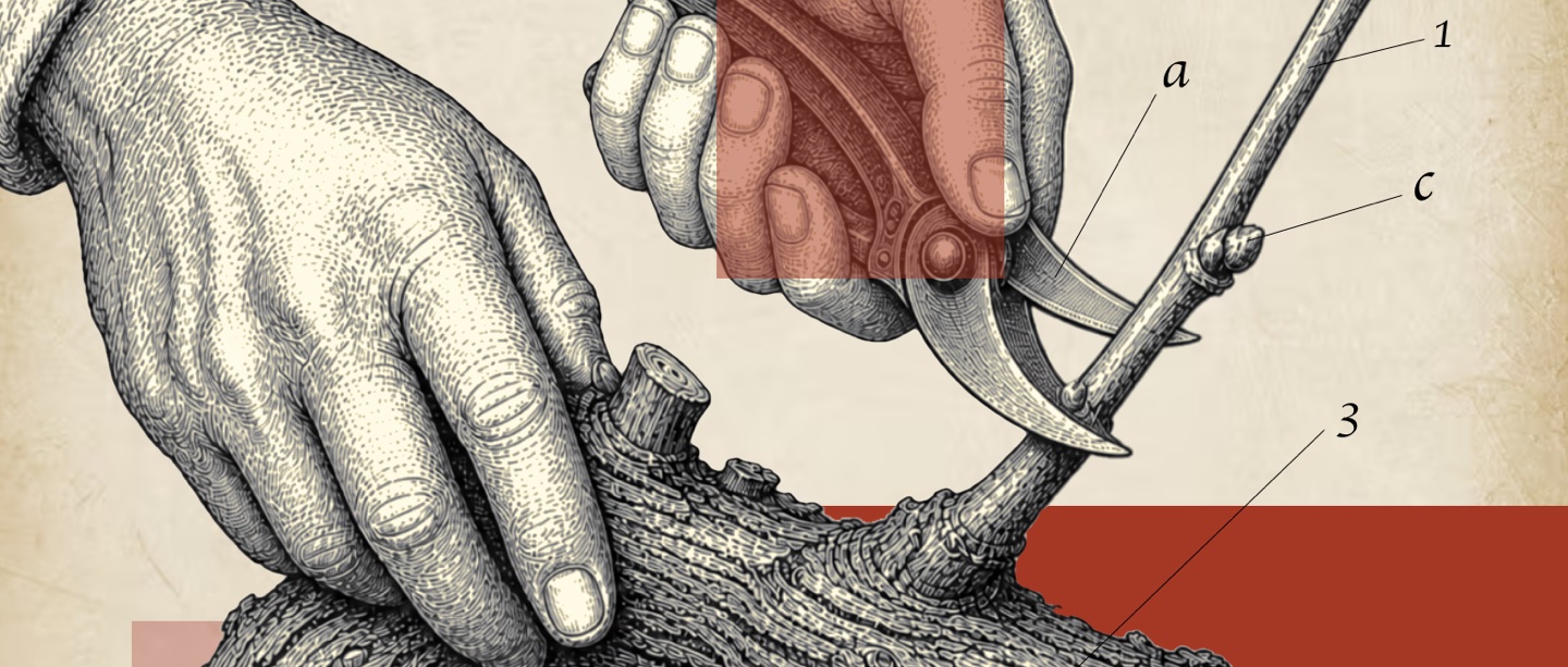 Ilustración de una mano podando una vid con tijeras de podar